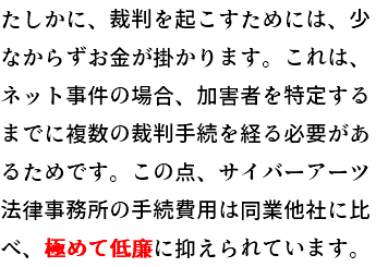 たしかに、裁判を起こすためには、少なからずお金が掛かります。これは、ネット事件の場合、加害者を特定するまでに複数の裁判手続を経る必要があるためです。この点、サイバーアーツ法律事務所の手続費用は同業他社に比べ、極めて低廉に抑えられています。